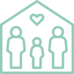 parents and a child in a house with a heart